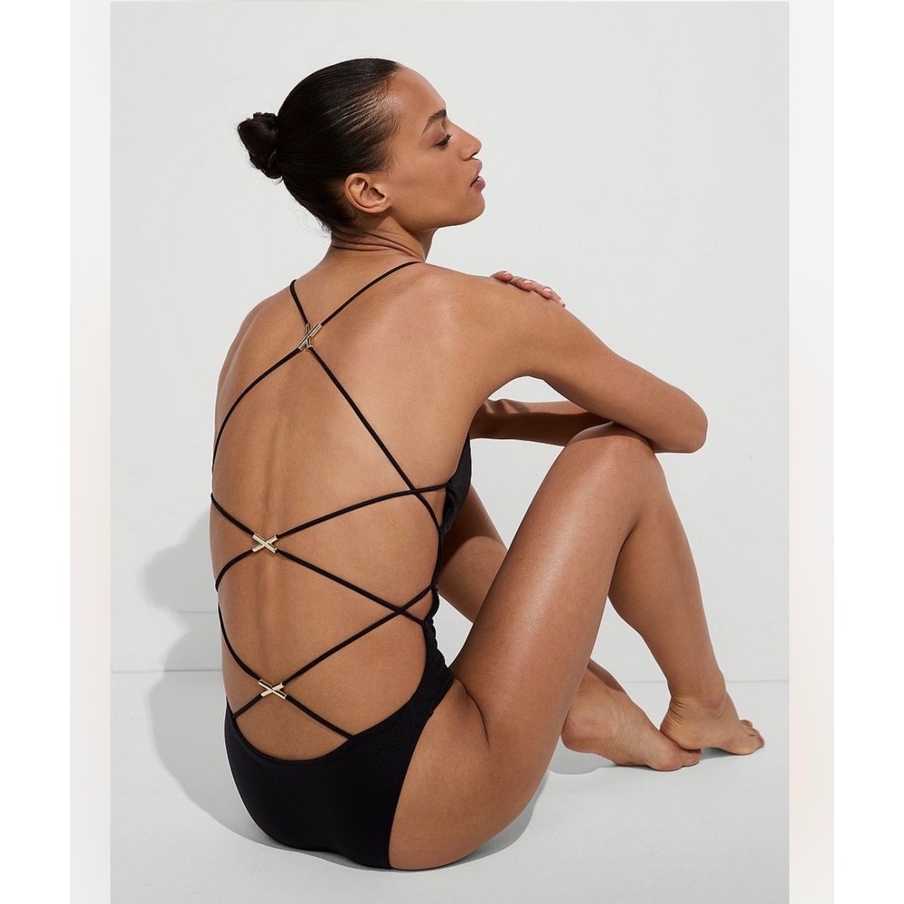 H9 Victorias Secret Black Strappy Back One Piece Swimsuit Gold Hardware Medium - Picture 3 of 13